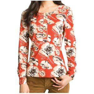 Tory Burch Amy Silk Stretch Poppy Henley Top sz L Floral Print Designer Orange